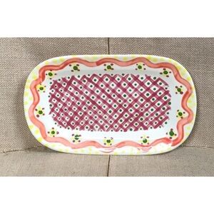 Whimsical Art Pottery Checkered Vegetable Platter Celery Dish Artist Signed